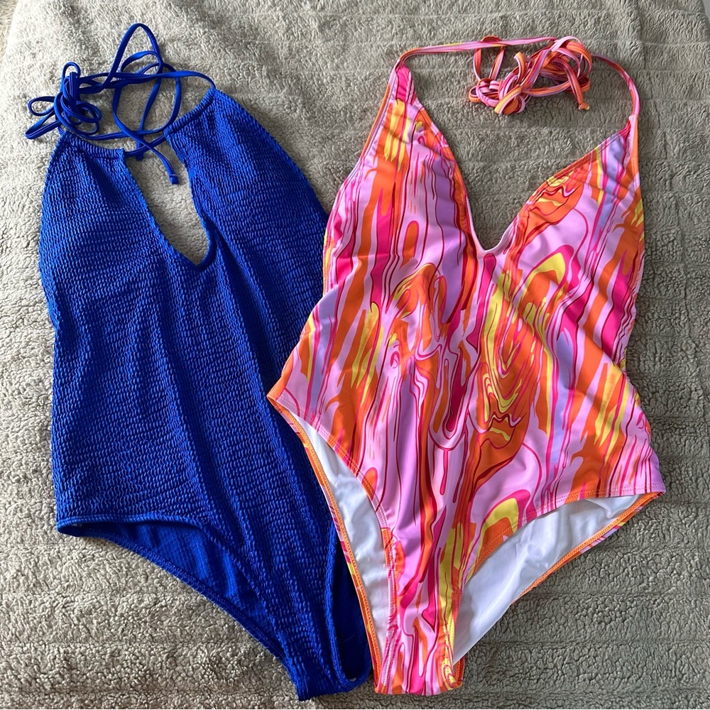 Blue and Multicolor Swimsuit Set